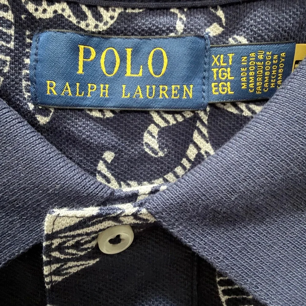 Polo Ralph Lauren Mens XLT Navy Blue Classic Fit Hibiscus Mesh Short Sleeve Polo